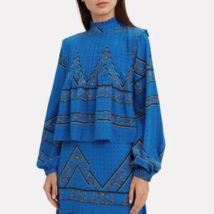 GANNI Cloverdale Pleat Detail Printed Silk Blouse Size 36
